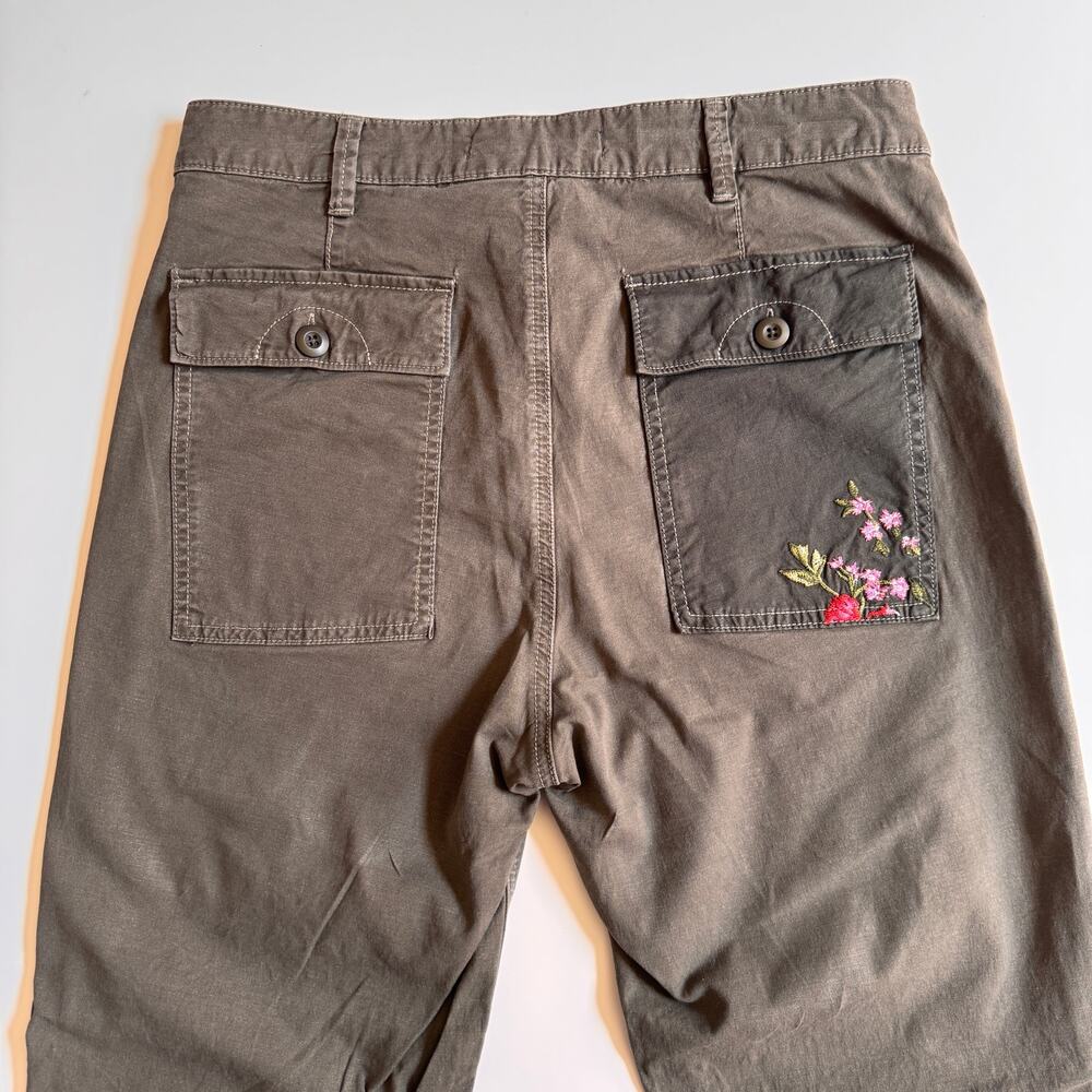 Anthropologie Floral Embroidered Utility Pants Size 30 Olive Green Cotton Linen - Picture 8 of 16